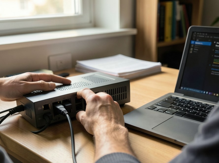 a realistic Wi-Fi troubleshooting scene with router or mesh equipment and a laptop or diagnostic device