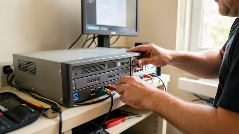 a CCTV recorder or NVR being inspected with visible storage hardware, monitor and realistic cabling