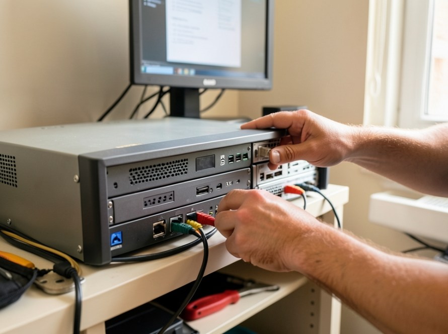 a CCTV recorder or NVR being inspected with visible storage hardware, monitor and realistic cabling