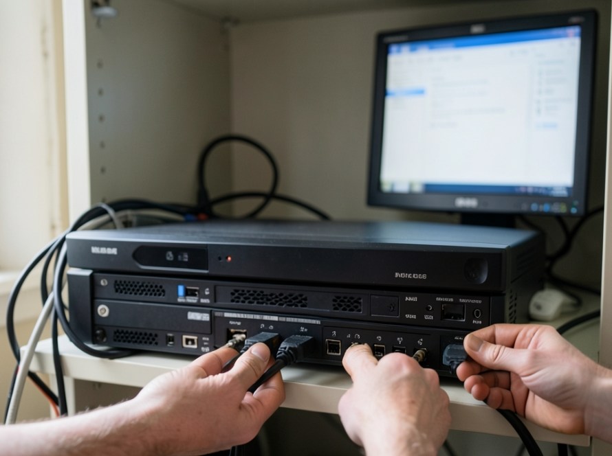 a CCTV recorder or NVR being inspected with visible storage hardware, monitor and realistic cabling