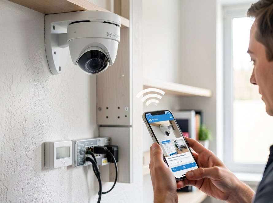 Technician performing preventive maintenance on a CCTV camera