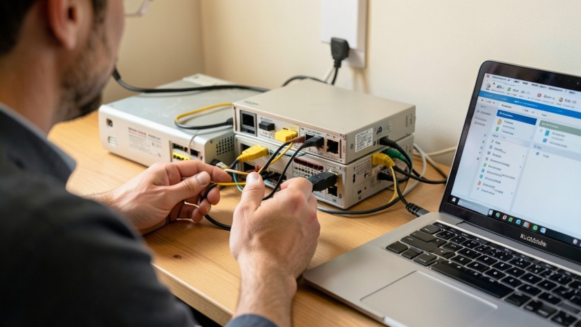 two physical network routers connected in sequence with Ethernet cabling, clearly showing a real double-router home or small-business network setup being diagnosed by a technician