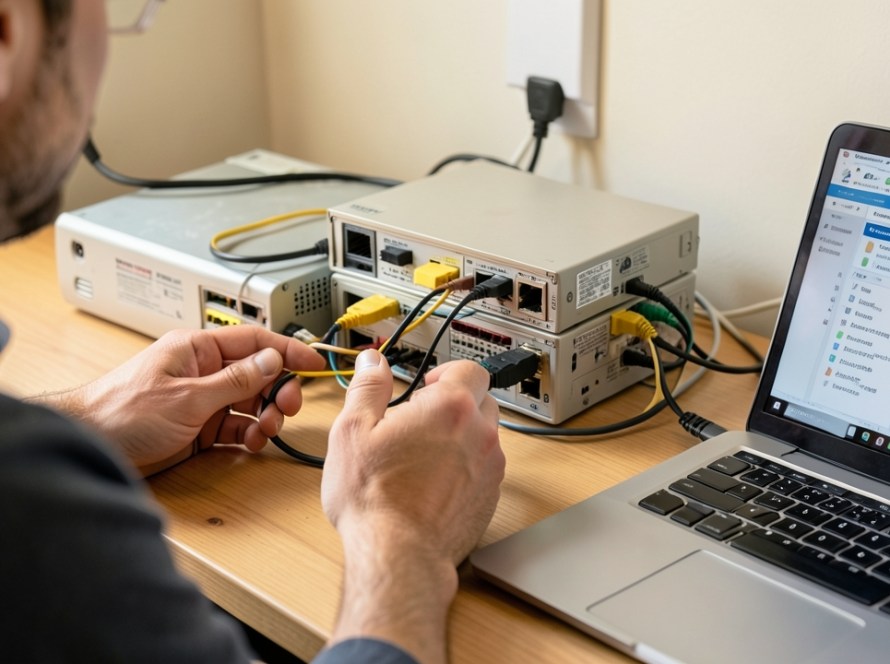 two physical network routers connected in sequence with Ethernet cabling, clearly showing a real double-router home or small-business network setup being diagnosed by a technician