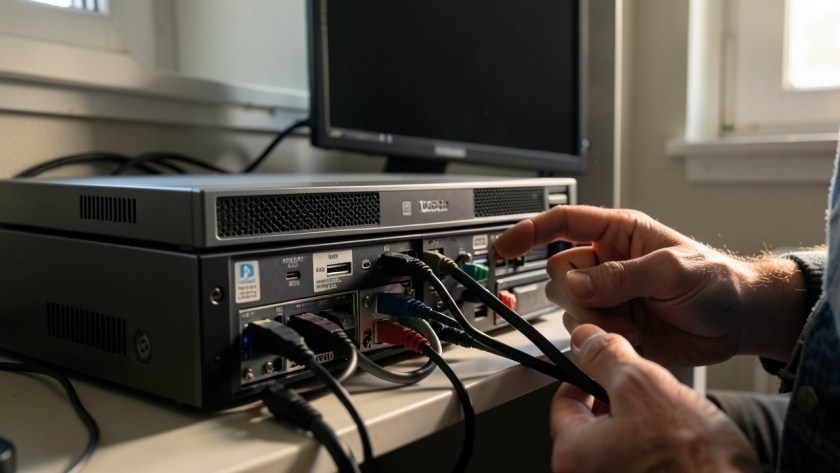 a CCTV recorder or NVR being inspected with visible storage hardware, monitor and realistic cabling