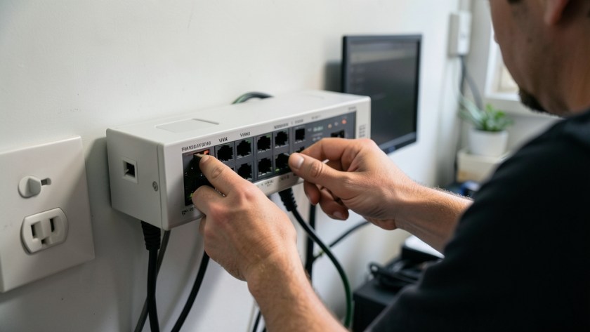 Technician connecting Ethernet cables to a managed network switch