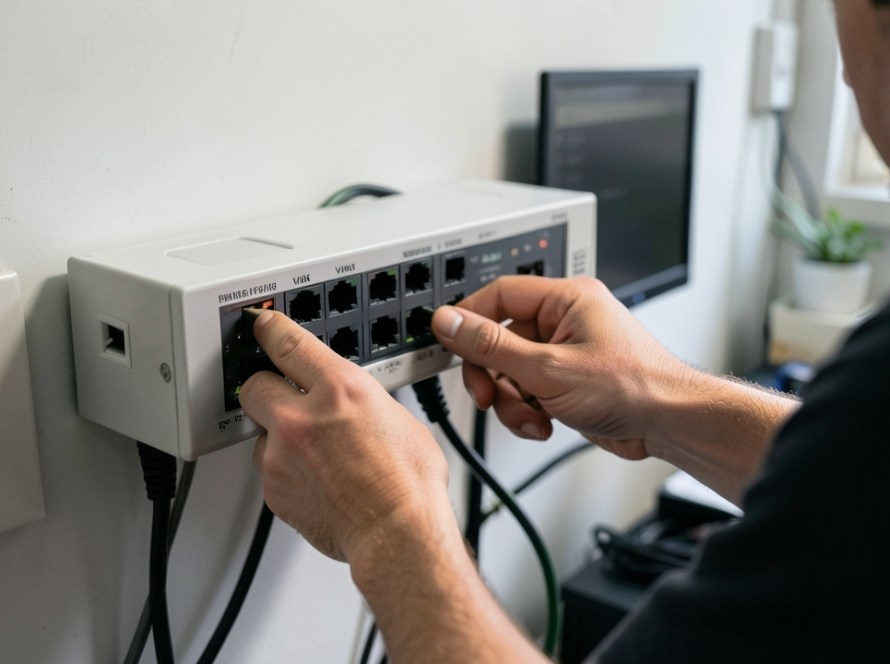 Technician connecting Ethernet cables to a managed network switch