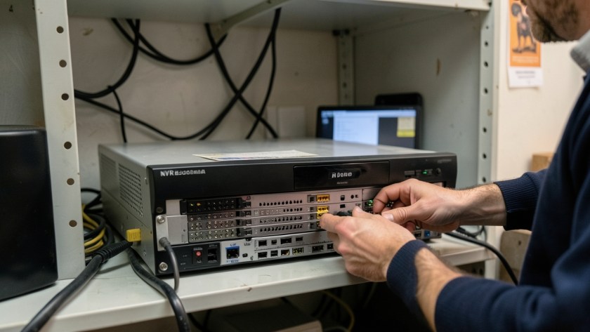 a CCTV recorder or NVR being inspected with visible storage hardware, monitor and realistic cabling