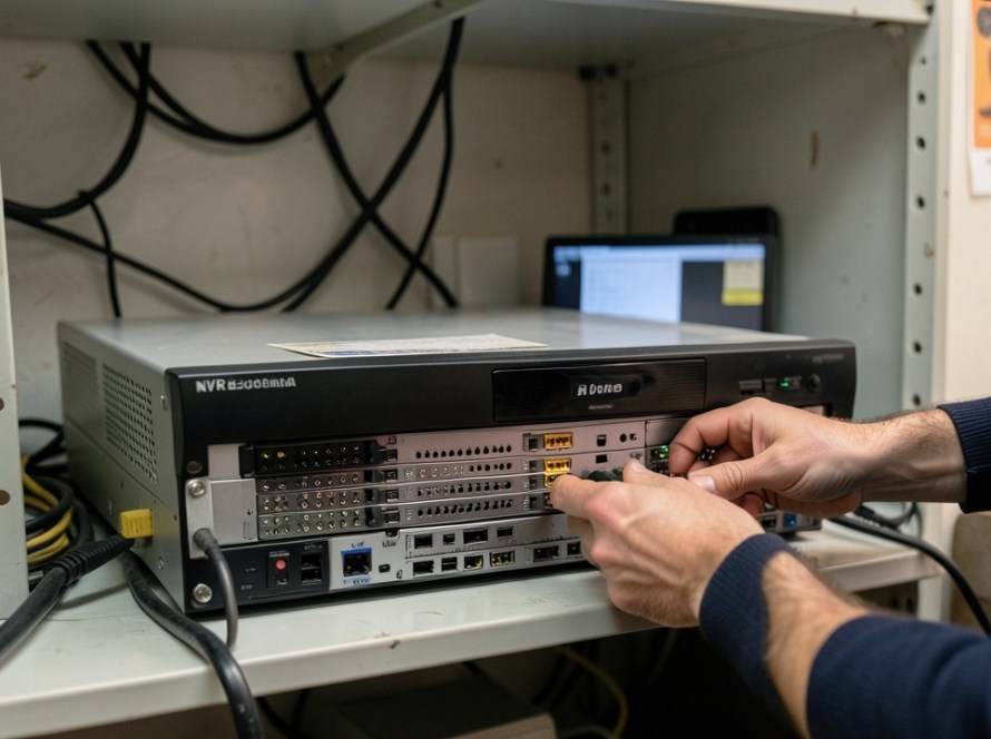 a CCTV recorder or NVR being inspected with visible storage hardware, monitor and realistic cabling