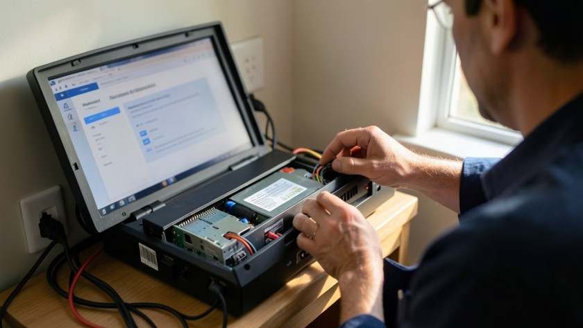 a CCTV recorder or NVR being inspected with visible storage hardware, monitor and realistic cabling