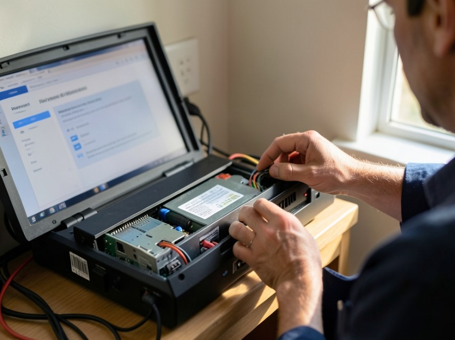 a CCTV recorder or NVR being inspected with visible storage hardware, monitor and realistic cabling