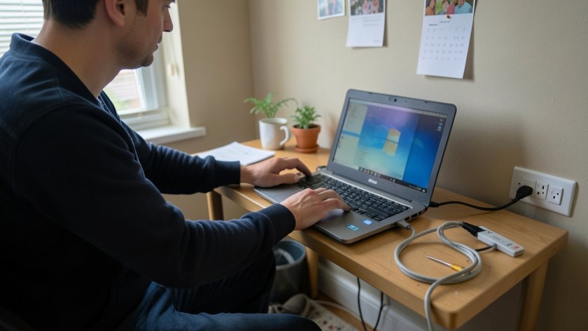 a technician troubleshooting a Windows laptop or desktop computer using practical diagnostic steps, with peripheral equipment and cables naturally visible