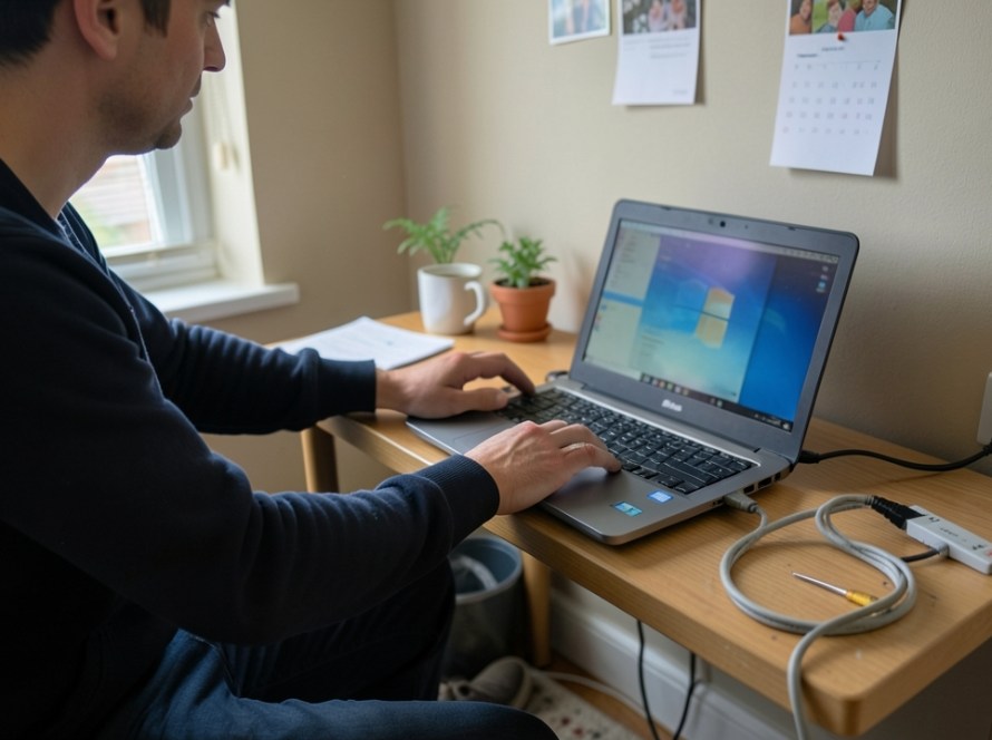 a technician troubleshooting a Windows laptop or desktop computer using practical diagnostic steps, with peripheral equipment and cables naturally visible