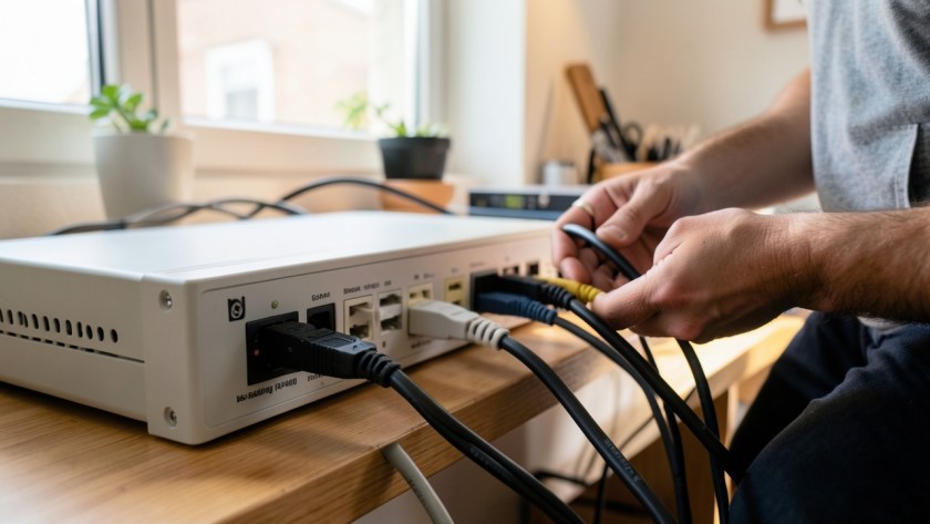 a PoE network switch with Ethernet cables supplying CCTV equipment during a power or connectivity diagnosis