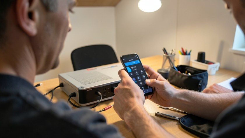a person realistically checking a CCTV mobile application while the associated security system is visible in context