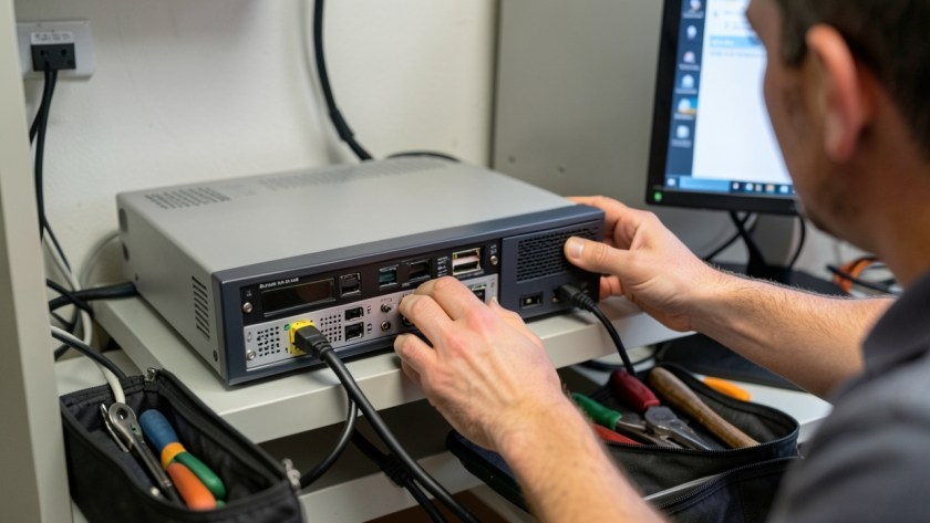 a CCTV recorder or NVR being inspected with visible storage hardware, monitor and realistic cabling