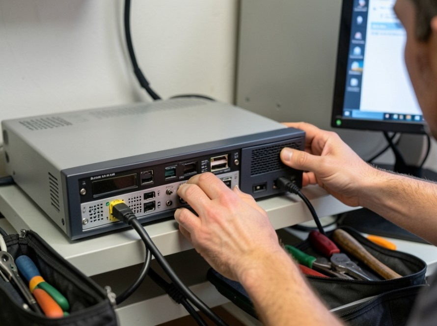 a CCTV recorder or NVR being inspected with visible storage hardware, monitor and realistic cabling