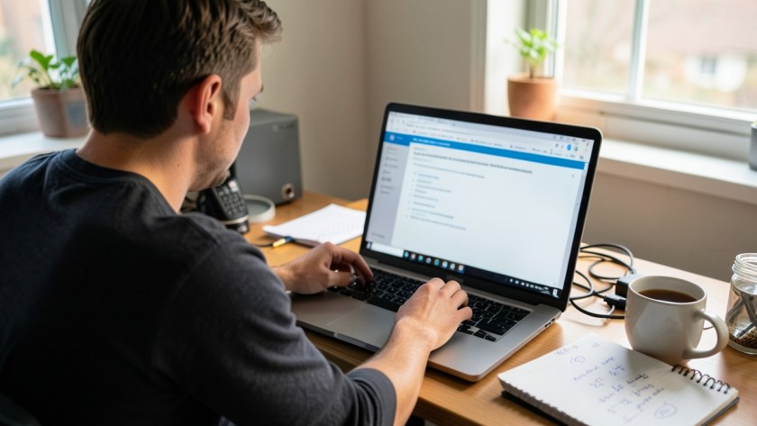 a technician helping a user troubleshoot a Microsoft 365 or office productivity issue on a laptop or desktop workstation, with the screen visible only as an unreadable generic interface