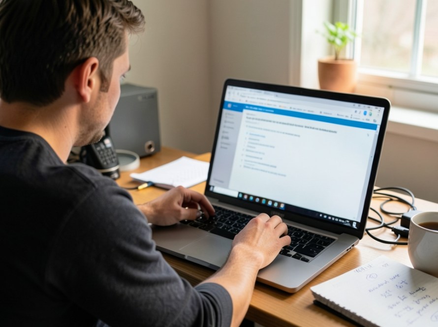 a technician helping a user troubleshoot a Microsoft 365 or office productivity issue on a laptop or desktop workstation, with the screen visible only as an unreadable generic interface