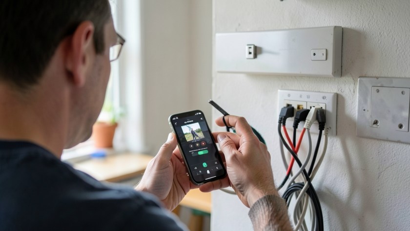 a person realistically checking remote access to a CCTV system on a smartphone while the associated camera or recorder environment remains naturally visible