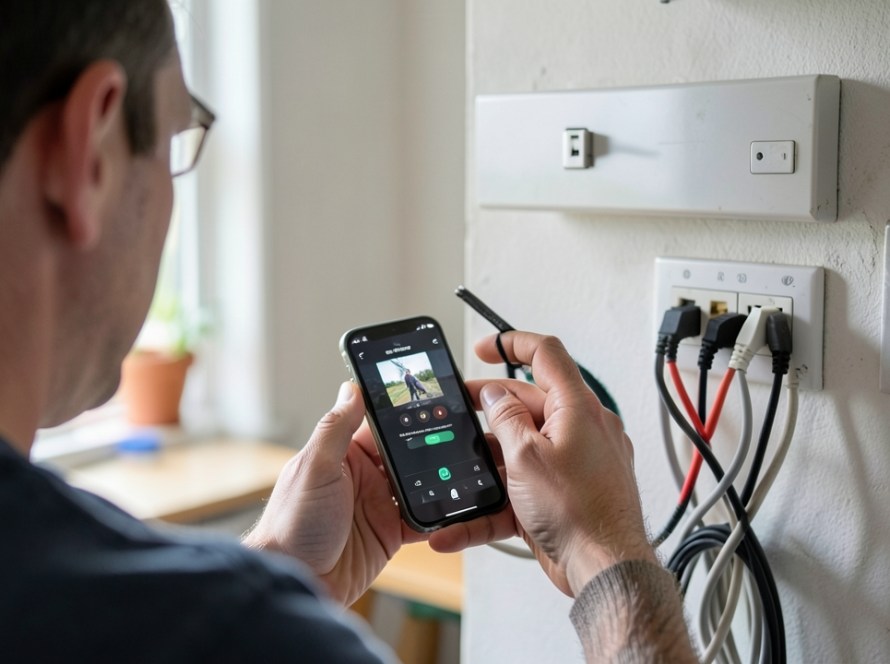 a person realistically checking remote access to a CCTV system on a smartphone while the associated camera or recorder environment remains naturally visible