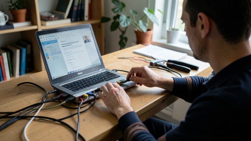 a technician diagnosing a real local network problem using a laptop beside an installed router or Ethernet switch with genuine connected cabling