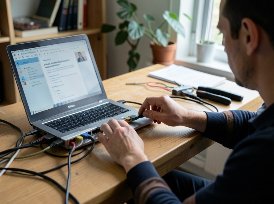a technician diagnosing a real local network problem using a laptop beside an installed router or Ethernet switch with genuine connected cabling