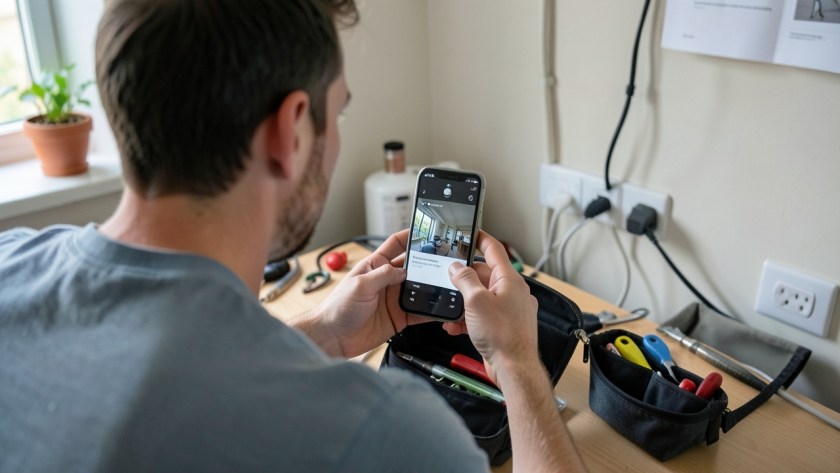 a person realistically checking remote access to a CCTV system on a smartphone while the associated camera or recorder environment remains naturally visible