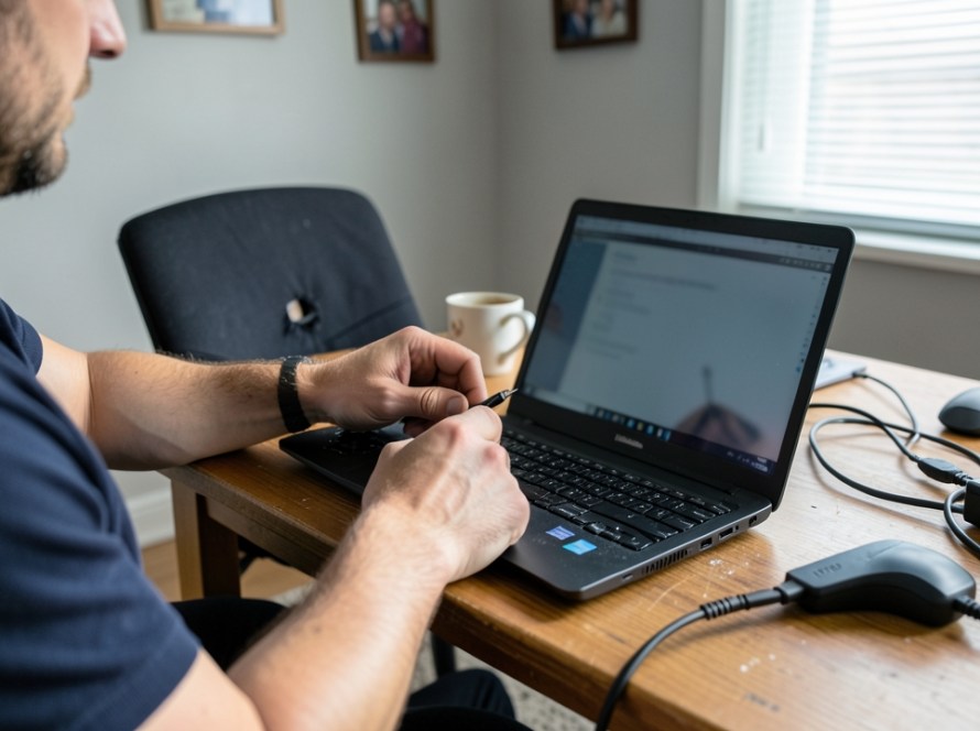 a technician troubleshooting a Windows laptop or desktop computer using practical diagnostic steps, with peripheral equipment and cables naturally visible